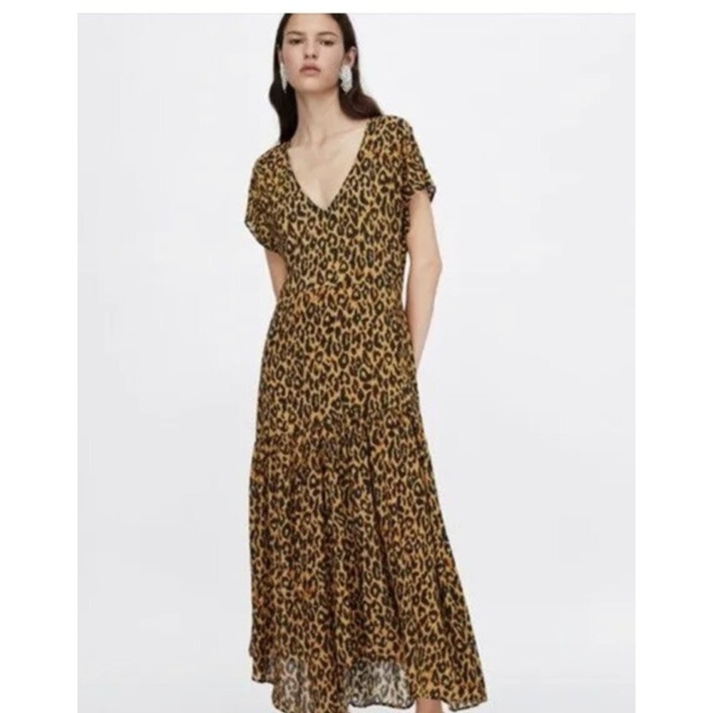 Zara Womens V Neck Brown Casual Animal Print Leopard A Line Maxi Dress Size M